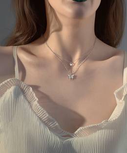 darpan Beautiful Double Layer Butterfly Neckchain Zircon Silver Plated Alloy Layered