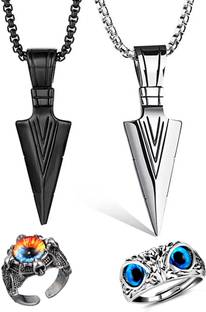 MAHADEV BLACK & SILVER ARROW CHAINS WITH EVIL EYE RINGS DRAGON & OWL Silver, Black Silver Plated Stainless Steel Chain Set