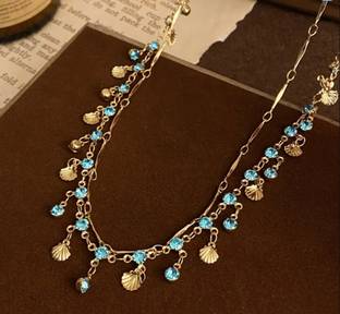 BLINGEE Blue Shell Multi Layer Necklace Chain For Girls Women Party Daily Wear Cubic Zirconia, Diamond, Crystal, Zircon Gold-plated Plated Stainless Steel Necklace