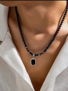 Saizen Tiger Eye Beads Necklace with Black Onyx Pendant for men and boys Onyx Alloy Chain