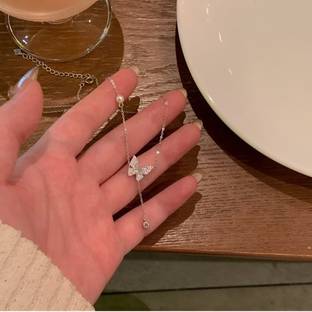 HM JEWEL BOUTIQUE Butterfly Necklace for Gils and Women Pearl Silver Plated Stainless Steel Necklace