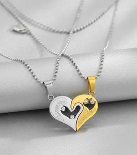 P. R. PRINTS Couple Heart Pendant “I Love You” Silver & Gold Matching Necklace Set Stainless Steel Necklace Set