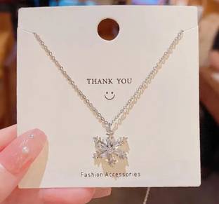 AKISON JEWELS Snowflake Rotating Spinning Pendant Chain For Women Girls Locket Necklace Cubic Zirconia, Diamond, Crystal Silver Plated Alloy Chain