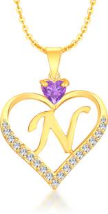 Heer Collection Heart Shape Alphabet 'N' Valentine Special Pendant Propose Wedding Anniversary Cubic Zirconia, Crystal Gold-plated Plated Brass, Copper Chain Set