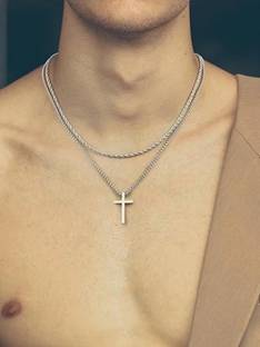 Oscar Enterprises Double Layered Silver Plated Cross Necklace For MenAP-03 Silver Plated Stainless Steel Chain