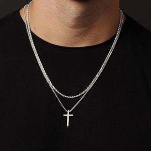 Oscar Enterprises Pine Pearls Double Layered Silver Plated Cross Necklace For MenAP-05 Silver Plated Stainless Steel Chain