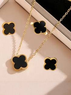 SHIMMERA Anti Tarnish Black clover Cubic Zirconia Gold-plated Plated Stainless Steel Necklace Set