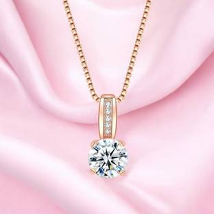 Nilu's Collection Cubic Zircon Round Solitaire Pendant With Rose Gold Plated Chain for Women Cubic Zirconia Gold-plated Plated Copper Chain Set
