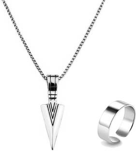 Vivity High Polished The Black Arrow Pendant Heavy & Stylish Ring Combo Silver Plated Brass, Stainless Steel Chain