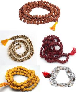 फर्मस Rosary mala 108+1 Bead Combo of 5(Rudraksha/Lal Chandan/Haldi/Tulsi/Vaijayanti) लकड़ी लेयर्ड