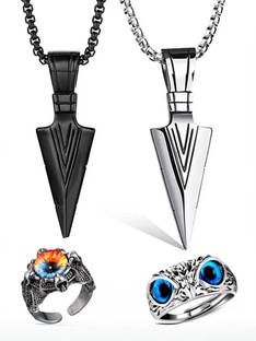 MAHADEV ARROW CHAINS WITH EVIL EYE RINGS DRAGON & OWL Silver, Black Silver Plated Stainless Steel Chain Set