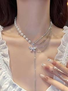 RV YUWON Rhinestone Butterfly Double Layer Pearl Necklace Sweet, Elegant & Unique Design Alloy Chain