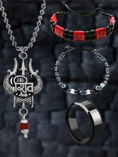 Dynamic Retail Global Shiva Mahadev Mahakal Locket Necklace Black Ring for Men Pendant Trishul IF46 Stainless Steel Chain