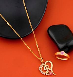 ज्वेल वर्ल्ड R name letter stylist Gold-plated pendant necklace chain with ring for girls बीड्स गोल्ड प्लेटेड एलॉय चेन