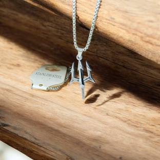 ADF Stainless Steel Silver- Plated Greek God Poseidon's Trident Necklace Silver Plated Stainless Steel Necklace