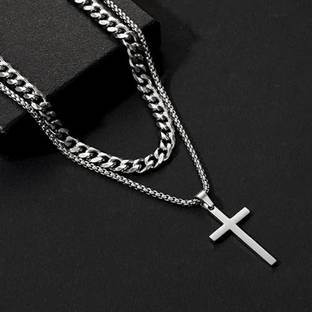 Oscar Enterprises Pine Pearls Double Layered Silver Plated Cross Necklace For MenAP-09 Silver Plated Stainless Steel Chain