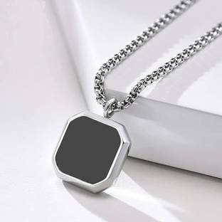 Oscar Enterprises Black Cubic Bar Pendant Necklace For Mens and Grils Silver Plated Stainless Steel Chain
