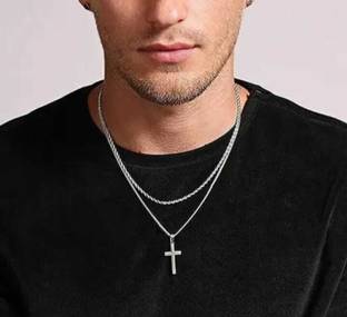 SSUNIQ Men's Trendy Silver Cross Double Layered Necklace Chain Silver Plated Alloy, Stainless Steel Layered