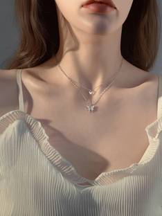 darpan Beautiful Double Layer Butterfly Neckchain Zircon Silver Plated Alloy Layered