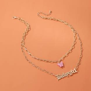Vembley Stunning Double Layered Pink Butterfly and Babygirl Word Necklace Gold-plated Plated Alloy Layered