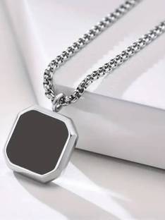 RSVP CREATIONS Black Onyx Octagon Inlay Square Pendant Amulet Pendant Silver Agate NA, Silver Plated Stainless Steel Chain Set