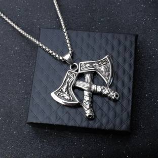Vivity Vintage Style Viking Hunting Double Axe Punk Fashion Bikers Locket Pendant Set Silver Plated Alloy Chain