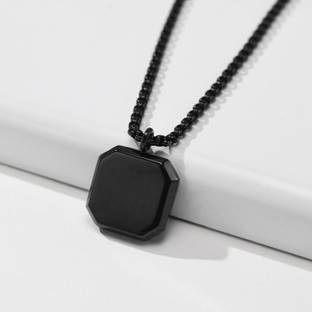 ringzinnie Stylish Black Geometric Square Stone Pendant for Men & Women Locket Necklace Black Silver Plated Alloy Necklace Set