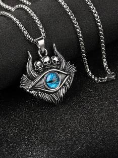 P. R. PRINTS Demon Oxhorn Gothic Blue Eye Skull Pendant Chain for Men & Boy Silver Plated Stainless Steel Necklace Set