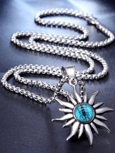 Vivity Vintage Viking Sun Pendant Blue Dragon Eye Style Bikers Locket Pendant Set Silver Plated Alloy Chain