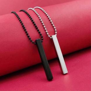 ARDS FASHION Combo of Black & Silver Color (2Pcs) Vertical Bar Pendant Silver Plated Stainless Steel Chain Set