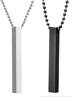 DSCOLLECTION Combo of Black & Silver Color (2Pcs) Vertical Bar Pendant Platinum Plated Alloy Chain Set