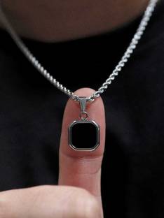 oyssta unique Geometric Black Square Natural Stone Pendant Locket With silver Box Silver Plated Stainless Steel Chain Set