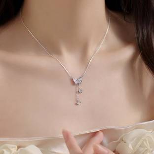 Harsu Collection Silver plated Charm Pendant Chain with 3 Butterfly Design Cubic Zirconia Silver Plated Stainless Steel Necklace