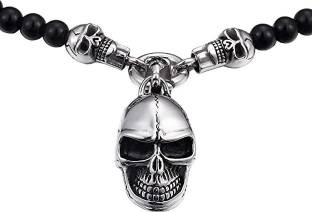 THE MEN THING Gothic Skull Necklace with 8mm Black Natural Onyx Beads Beads Silver Plated Stainless Steel Necklace