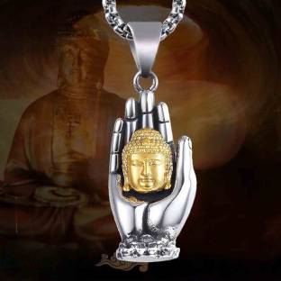 Sullery Palm Buddha Head Necklace Religious Silver Pendant for Men and Women Stainless Steel Necklace