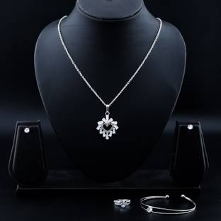 PARTICIAO Combo Necklace/Earrings/Rings/Bracelate For Women (pack of 4) Amber Silver Plated Alloy Chain Set