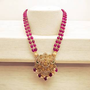 asthmangALA Gold plated 2 line Magenta/Pink Monalisa Necklace with maa laxmi pendant Gold-plated Plated Alloy Necklace
