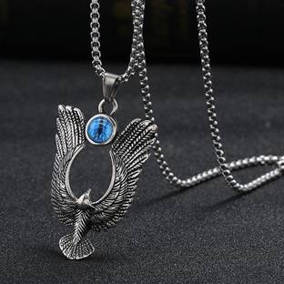 Vivity Vintage Viking Eagle Wings Blue Dragon Eye Style Bikers Locket Pendant Set Silver Plated Alloy Chain