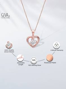 GIVA 925 Rose Gold Swirl Heart Pendant with Link Chain & 925 stamped Cubic Zirconia Rhodium Plated Sterling Silver Necklace
