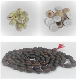 SHRI ASTHA VINAYAK Kamal Gatta Lotus Seeds Mala 108 +1 Beads, 11 Gomati Chakra & Yellow Laxmi Kaudi Wood Chain
