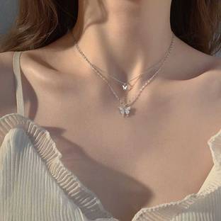 darpan Beautiful Double Layer Butterfly Neckchain Zircon Silver Plated Alloy Layered