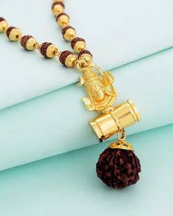 LETNIX Religious Jewelry Lord Shivji Damru Locket With Puchmukhi Rudraksha Mala(8MM 36Beads) Gold-plated Plated Wood Chain Gold-plated Plated Brass Chain