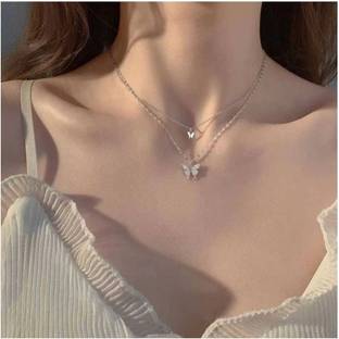 JRISSY Luxury Double Layer Diamond-Set Refined Butterfly Necklace Crystal Cubic Zirconia Silver Plated Stainless Steel Layered