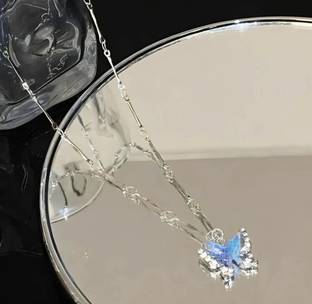 SashaJewelry Korean Silver-Plated Blue Butterfly Necklace for Girls & Women Cubic Zirconia Silver Plated Alloy Necklace