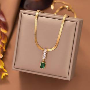 MYKI Anti-Tarnish Stainless Steel Gold Plated Green Stone Pendant Necklace Gold-plated Plated Stainless Steel Necklace