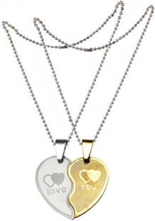 vien New Couple Lovers Heart Love You Jewelry For Friendship Gift (2 pieces - his and her)Stainless Steel Locket Set Copper Plated Metal Necklace Set