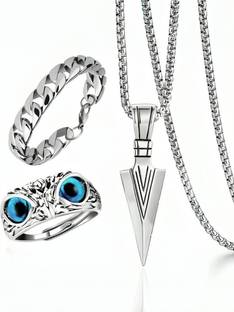 Smykker Fashion Men Arrow Locket & Owl Ring & Silver Bracelets pack of 3 item Silver Plated Stainless Steel Chain