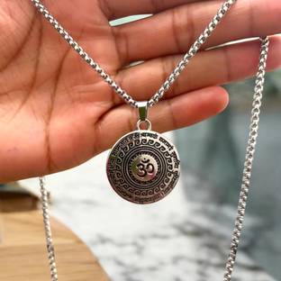 ADF ADF-Stainless Steel Om Pendant Necklace, Maha Mrityunjaya Mantra, Silver Plated Stainless Steel Necklace
