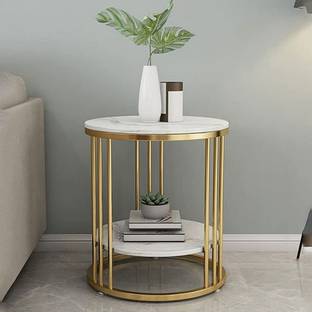 MS Creation Center Round Coffee Table for Living Room Metal Frame with MDF Top Golden and White Metal Nesting Table