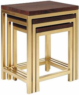 Cherry Wood Iron Frame Solid Wood Nesting Tables for Home Set of 3 Stools for Living Room (Finish Color :- Walnut Finish) Solid Wood Nesting Table